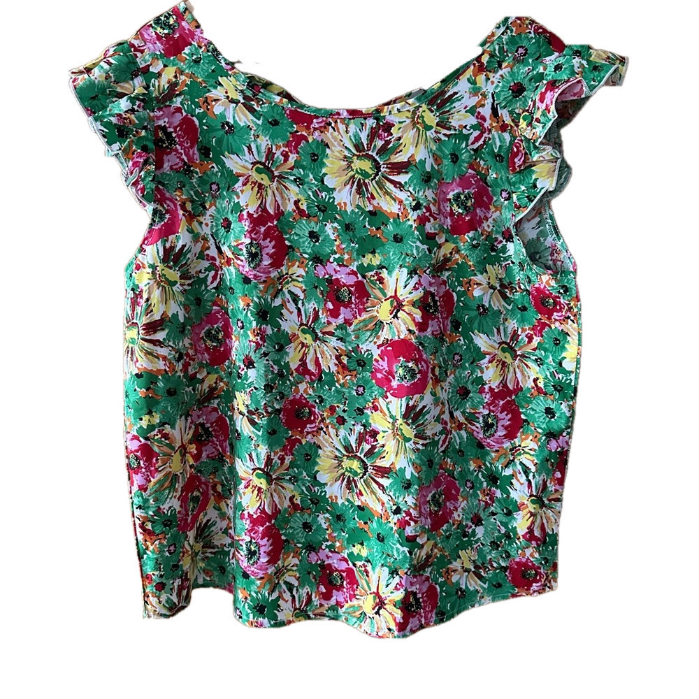 Floral Ruffle Cap Sleeve Top Blouse Tie Back - Large